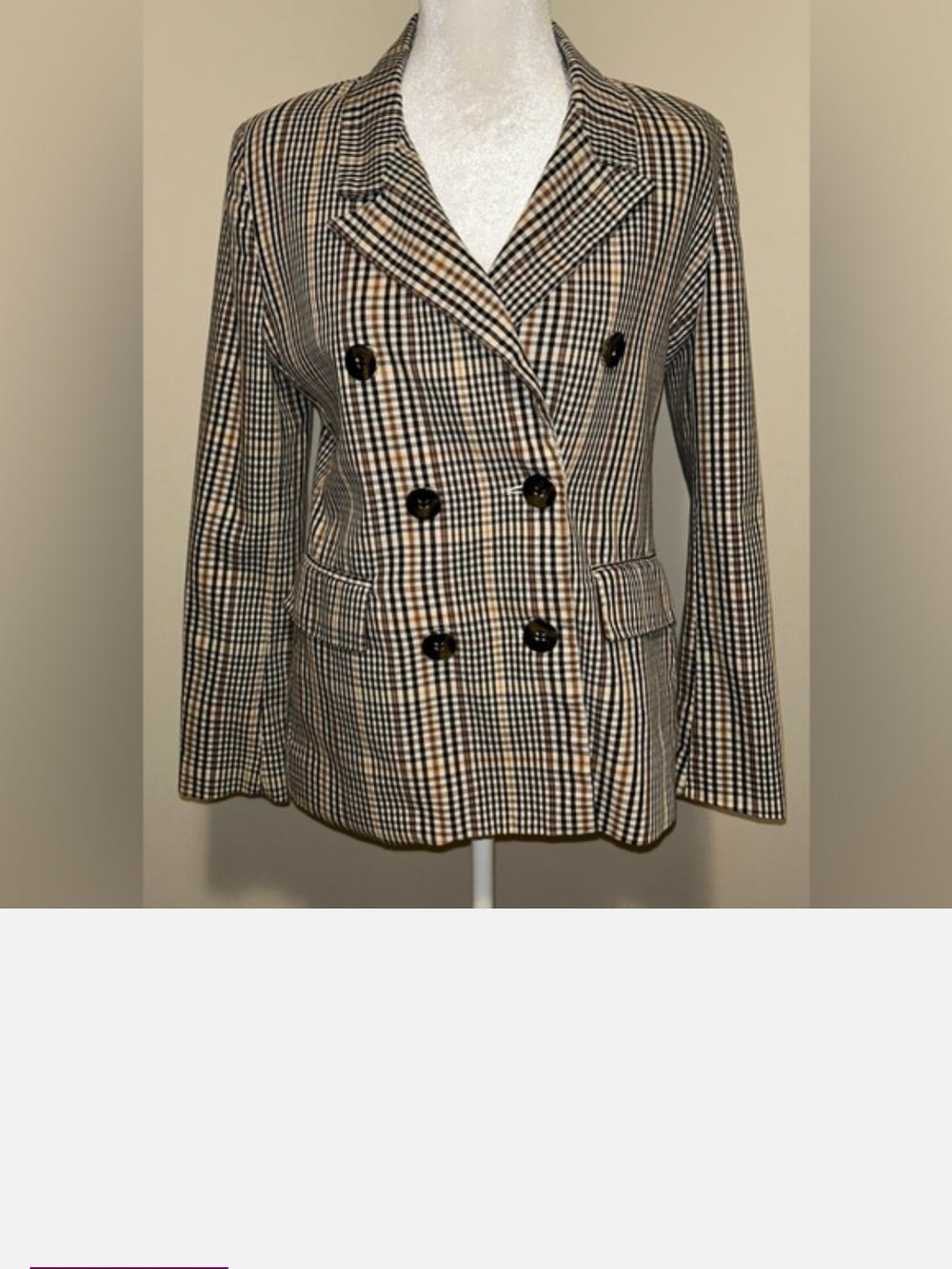 Double-Breasted Plaid Blazer in Black and Tan